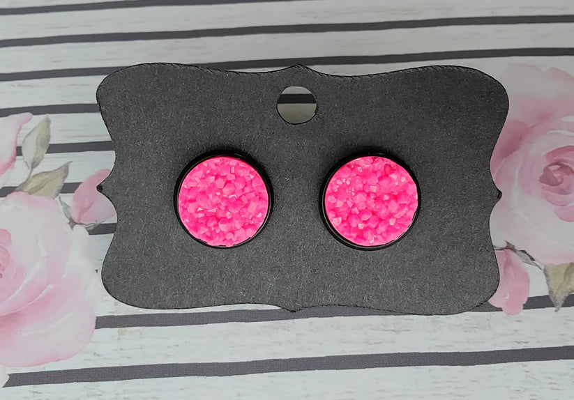 Pink Black Bezel Druzy Earrings