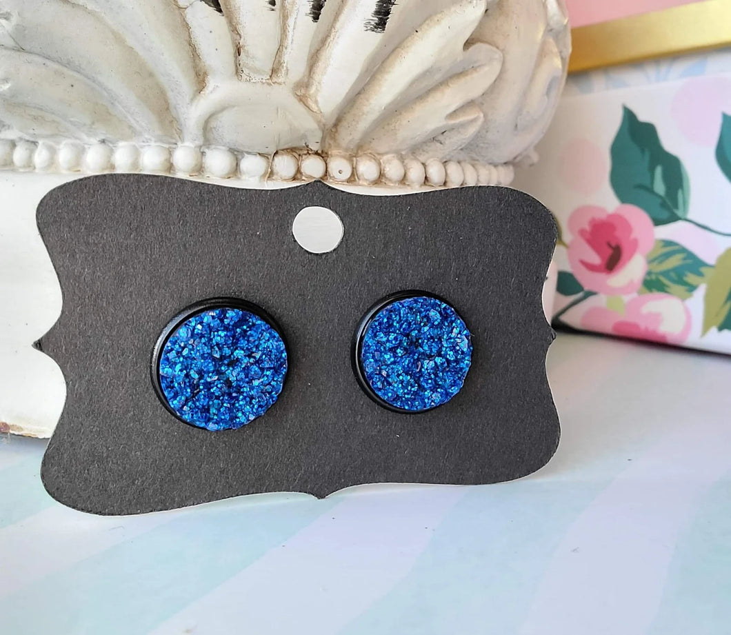 Cobalt Blue Glitter Black Bezel Druzy Earrings