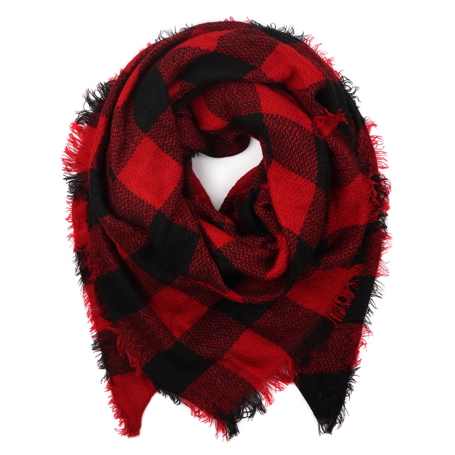 Riah Fashion Buffalo Plaid Blanket Fringe Scarf