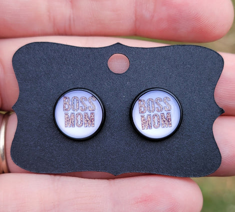 Boss Mom Glass Cabachon Black Bezel Earrings